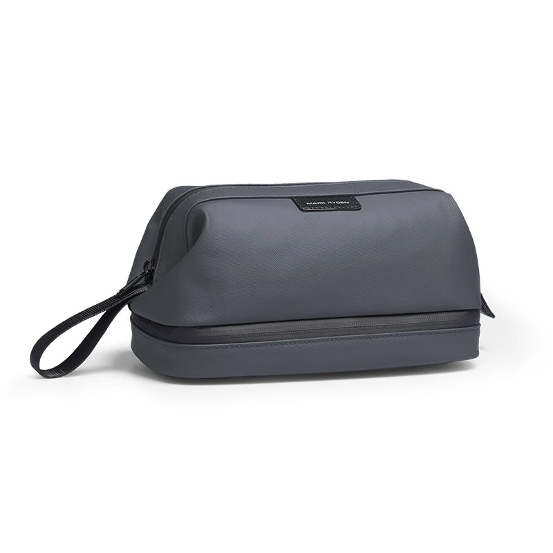 Grey wash bag with a strap on a white background