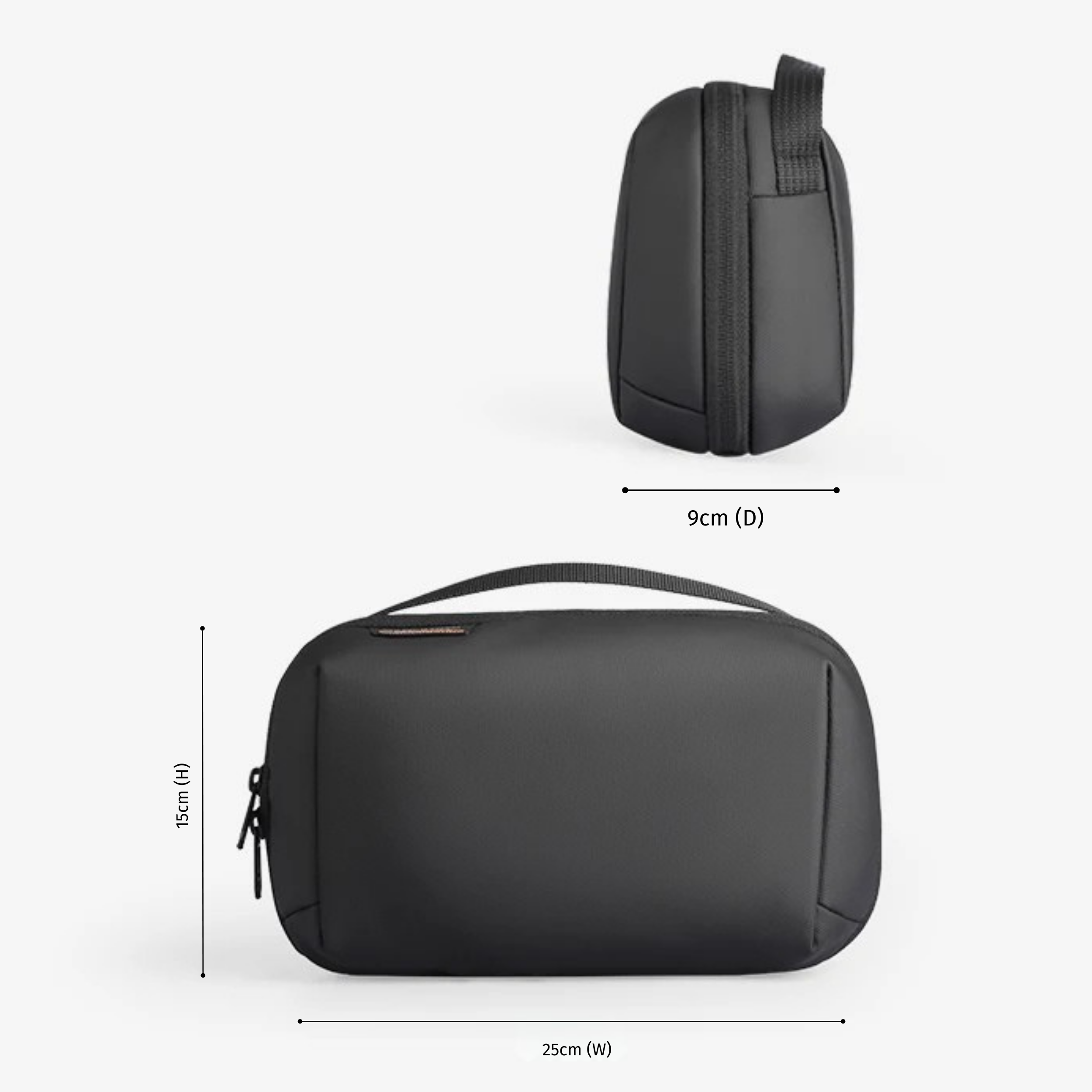Black tech bag with dimensions of front and side on a white background